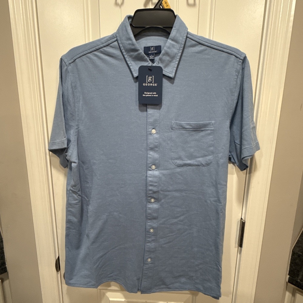 George Men's Soft Blue Knit Button-Up Relaxed Fit Short Sleeve Shirt Large- NWT